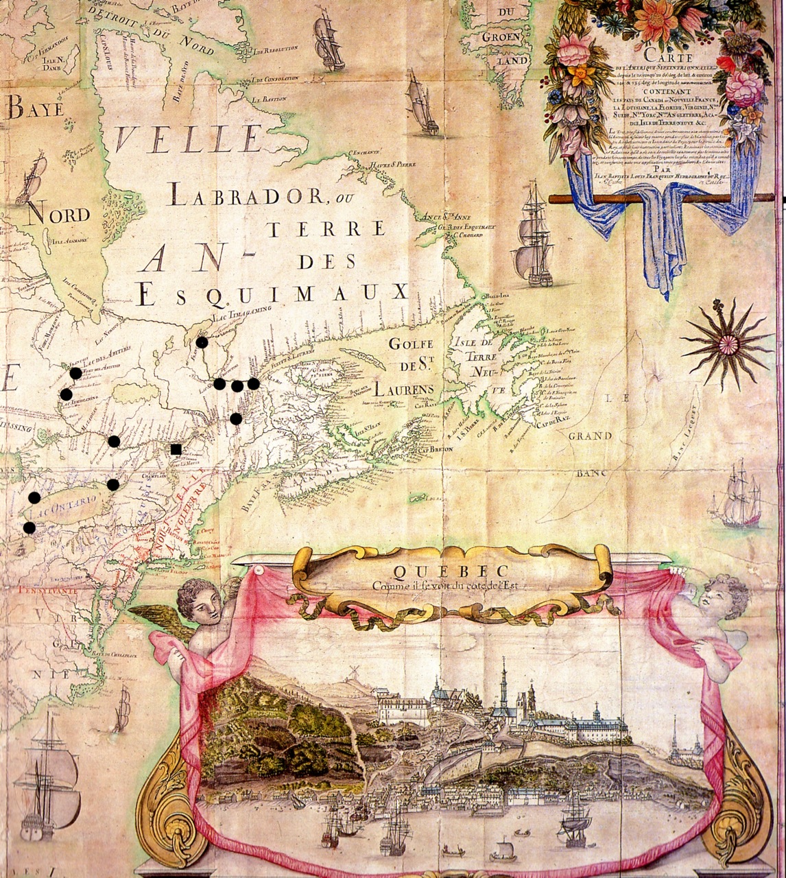 Carte de l'Amérique septentrionale (gros plan Québec) de Franquelin, Bibl du service de la marine (Vincennes)