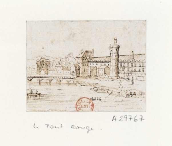 Pont rouge dit aussi pont du Louvre XVIIe siècle, dessin anonyme (Gallica image 07744758)