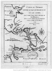 Carte du détroit entre le lac Supérieur et le lac Huron avec le sault Sainte Marie et le poste de Michillimakinac