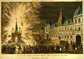 Collection de l'honorable Serge Joyal. Titre : Vue d'un feu d'artifice tiré devant l'Hôtel de Ville en réjouissance. Gravure rehaussée à l'aquarelle, n° 61; 26,3 sur 42 cm. Paris chez Basset rue Saint-Jacques à Sainte-Geneviève.